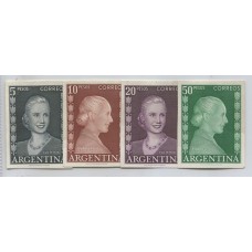 ARGENTINA 1952 GJ 1019/22 EVA PERON LOS CUATRO VALORES FINALES DE LA SERIE EN ENSAYOS PRUEBAS DE COLOR NO ADOPTADOS, MUY LINDOS Y RAROS